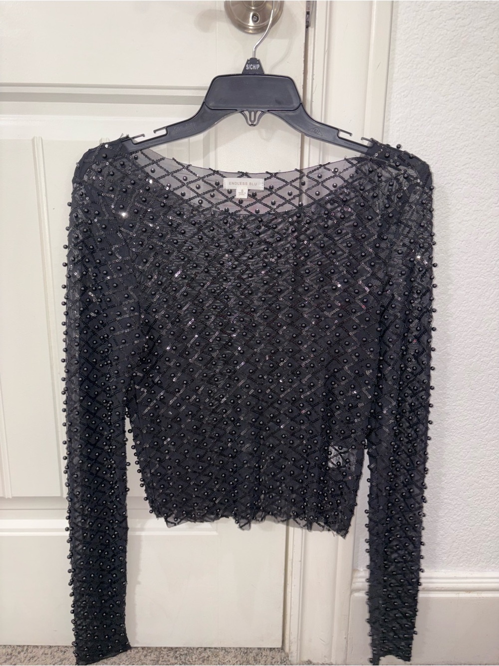 Endless Rose Black Beaded Sheer Long-Sleeve Top